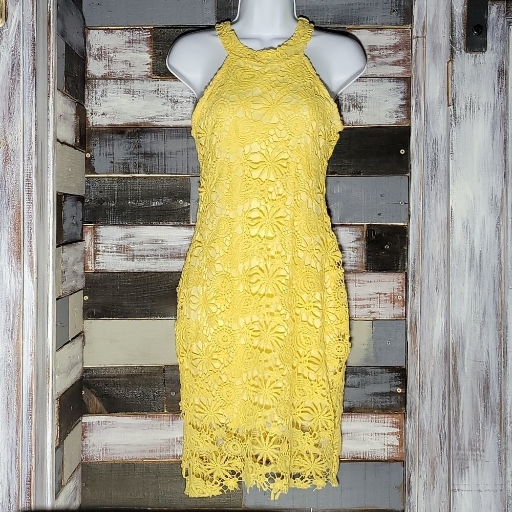 Yellow Lace Halter Top Back Zip Dress